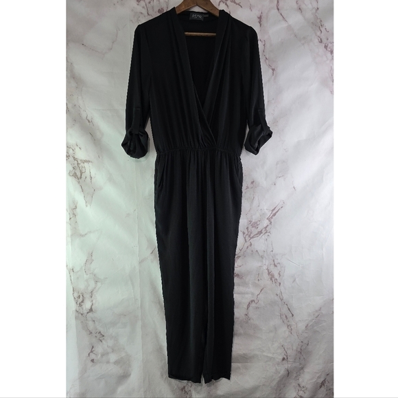 Astr Jumpsuit Womens Medium Black Blouson V Neck Quarter Sleeve Pockets - Picture 1 of 11